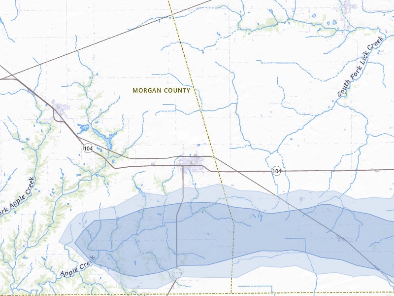 NEXRAD radar-signature map of the hail over Waverly, IL