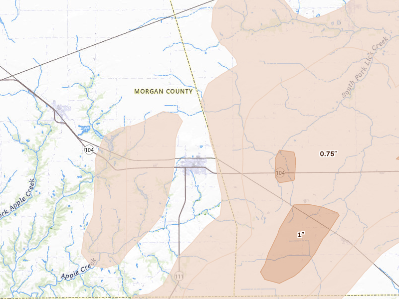 Radar-estimated hail-size map of the storm over Waverly, IL on Apr 27, 2026