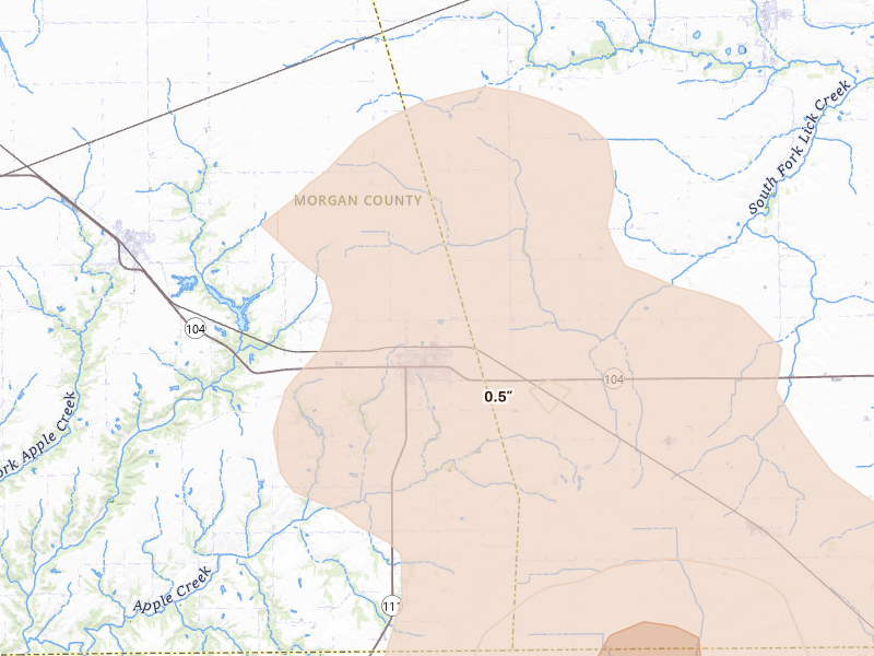 Radar-estimated hail-size map of the storm over Waverly, IL on May 4, 2026
