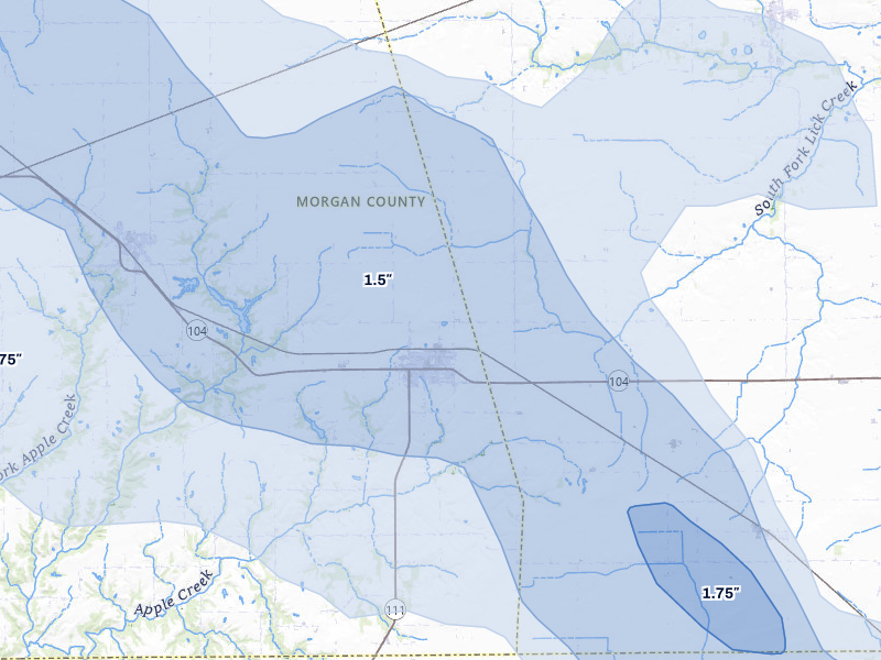 NEXRAD radar-signature map of the hail storm over Waverly, IL on May 4, 2026