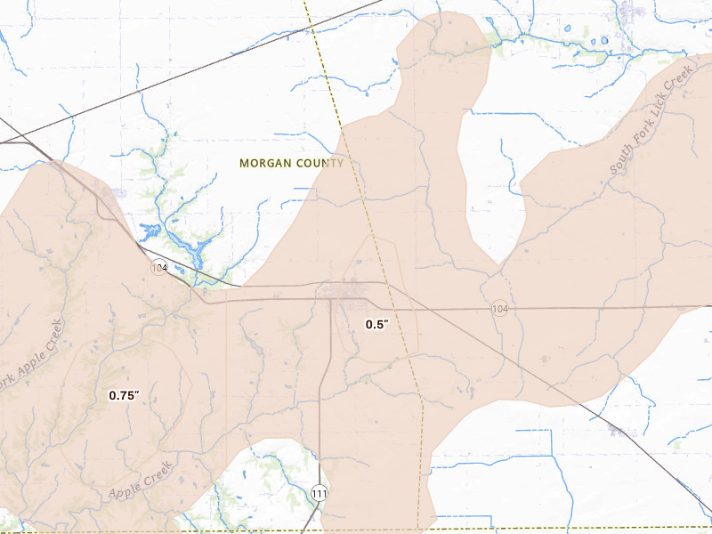 Radar-estimated hail-size map of the storm over Waverly, IL on Jun 11, 2026