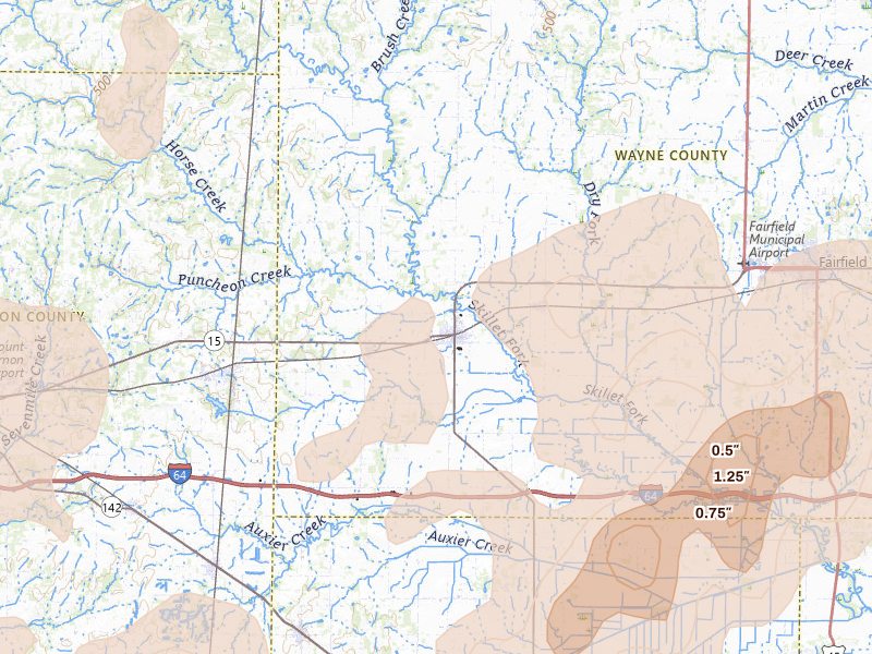 Radar-estimated hail-size map of the storm over Wayne City, IL on Apr 27, 2026