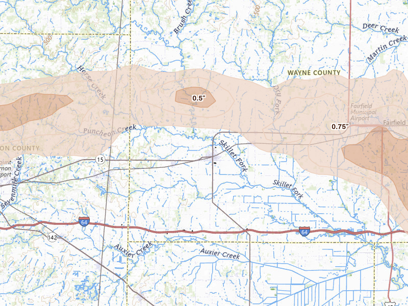 Radar-estimated hail-size map of the storm over Wayne City, IL on May 16, 2026