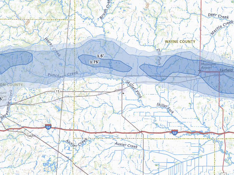 NEXRAD radar-signature map of the hail storm over Wayne City, IL on May 16, 2026
