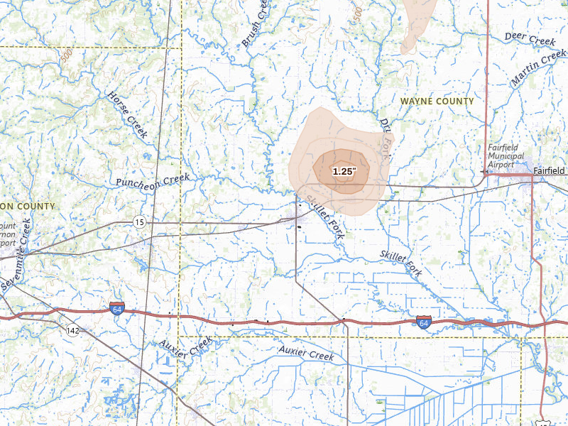 Radar-estimated hail-size map of the storm over Wayne City, IL on Jul 3, 2026