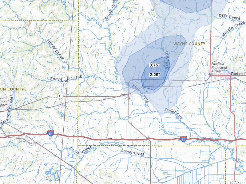 NEXRAD radar-signature map of the hail storm over Wayne City, IL on Jul 3, 2026