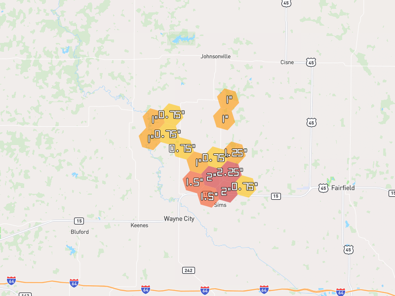 Hail map of Wayne City, IL on Jul 4, 2026, hail up to 2.25"