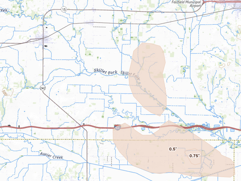 Radar-estimated hail-size map of the storm over Wayne City, IL on Aug 12, 2026
