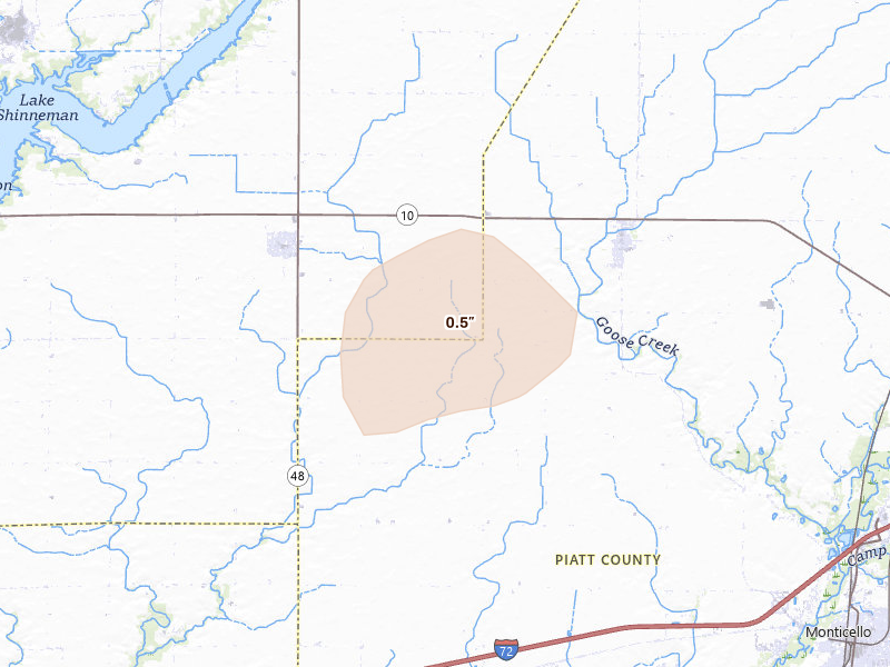 Radar-estimated hail-size map of the storm over Weldon, IL on Jul 4, 2026