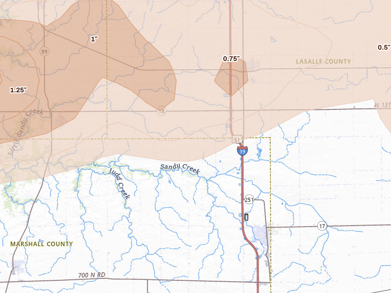 Radar-estimated hail-size map of the storm over Wenona, IL on Mar 10, 2026