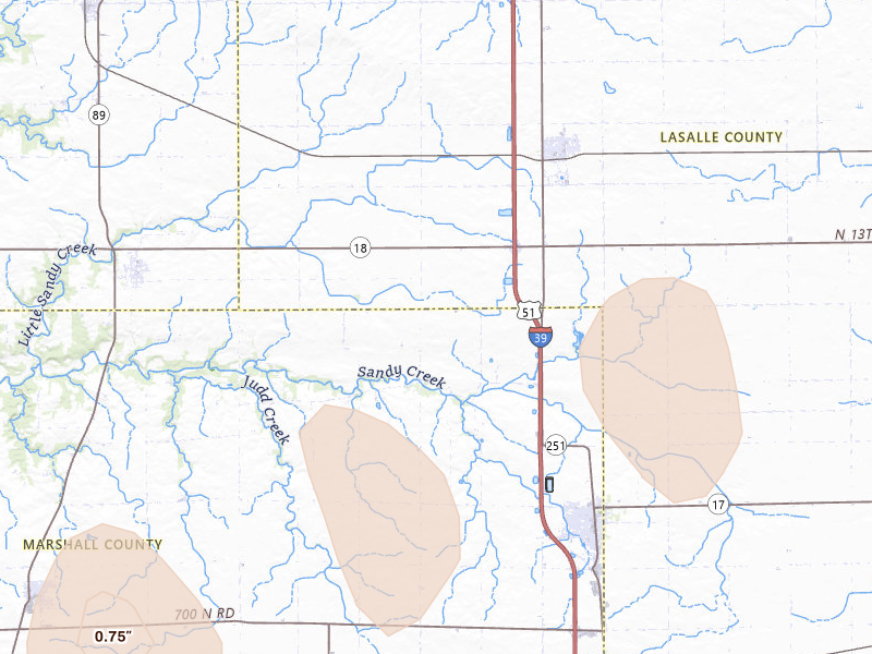 Radar-estimated hail-size map of the storm over Wenona, IL on Apr 2, 2026