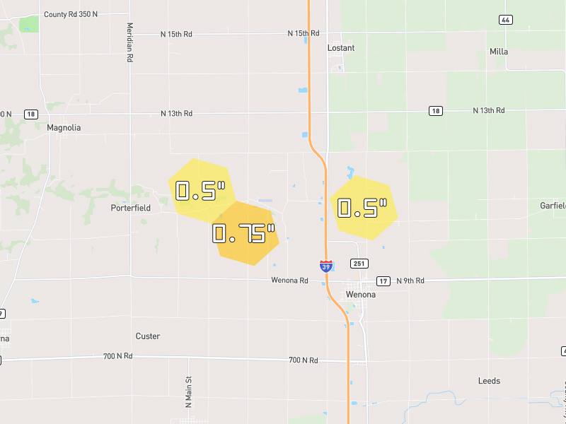 Hail map of Wenona, IL on Jun 6, 2026, hail up to 0.75"