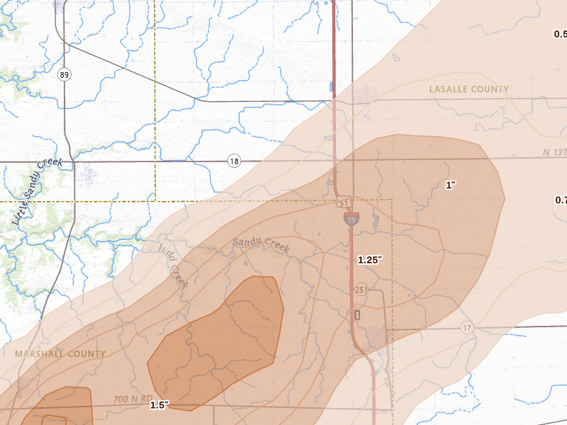 Radar-estimated hail-size map of the storm over Wenona, IL on Jun 11, 2026