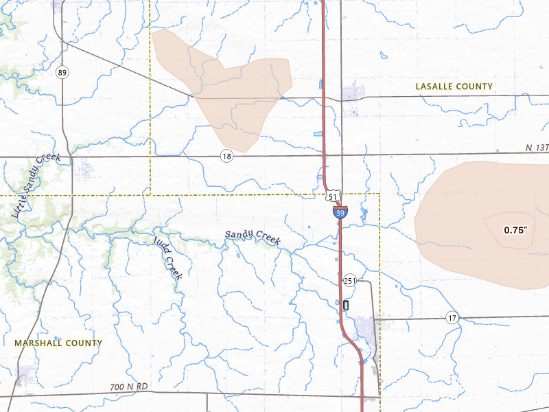 Radar-estimated hail-size map of the storm over Wenona, IL on Aug 12, 2026