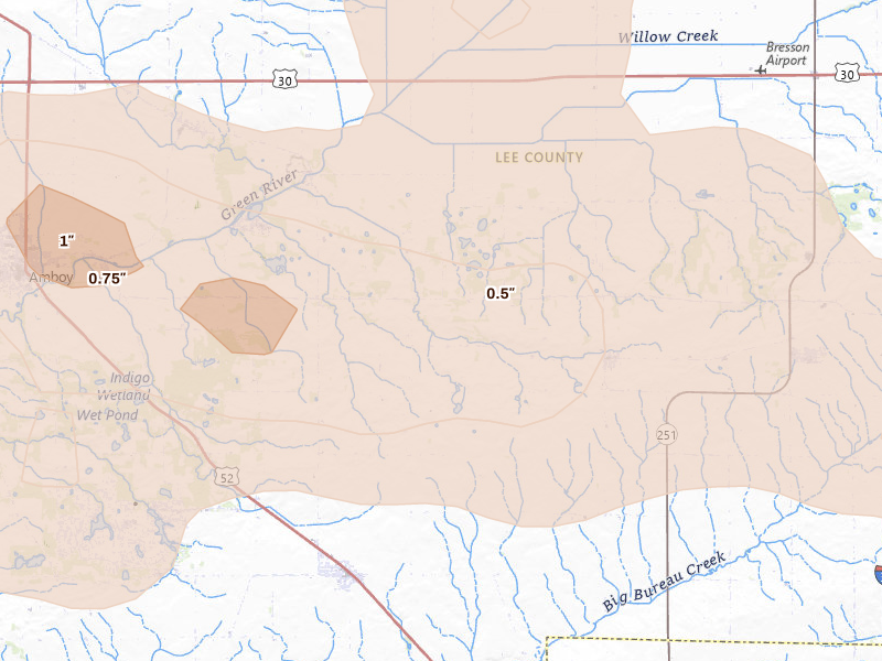 Radar-estimated hail-size map of the storm over West Brooklyn, IL on Aug 9, 2026
