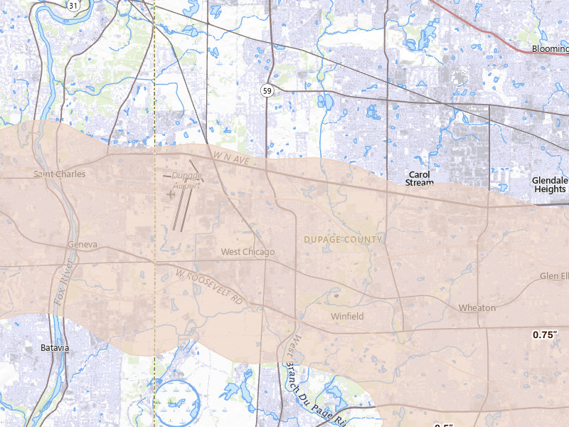 Radar-estimated hail-size map of the storm over West Chicago, IL on Mar 30, 2026
