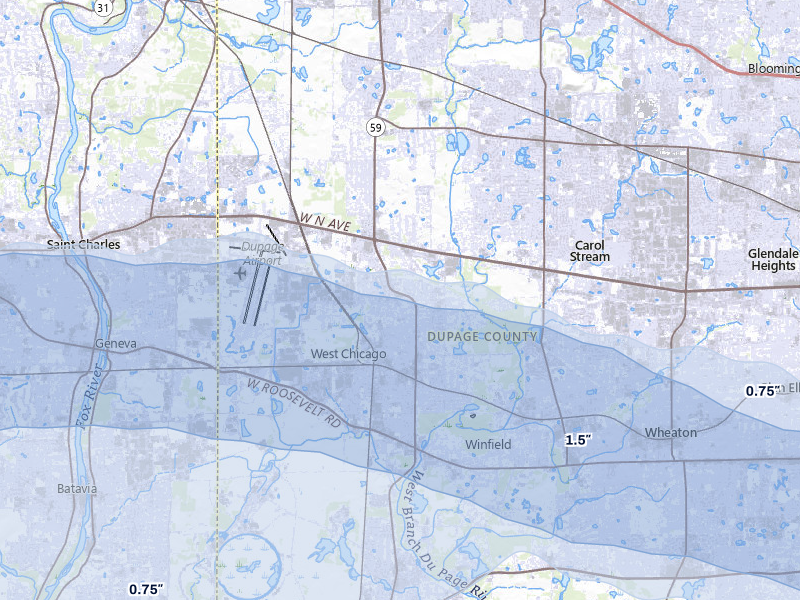 NEXRAD radar-signature map of the hail storm over West Chicago, IL on Mar 30, 2026