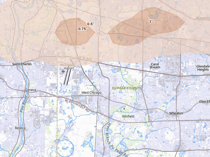Radar-estimated hail-size map of the storm over West Chicago, IL