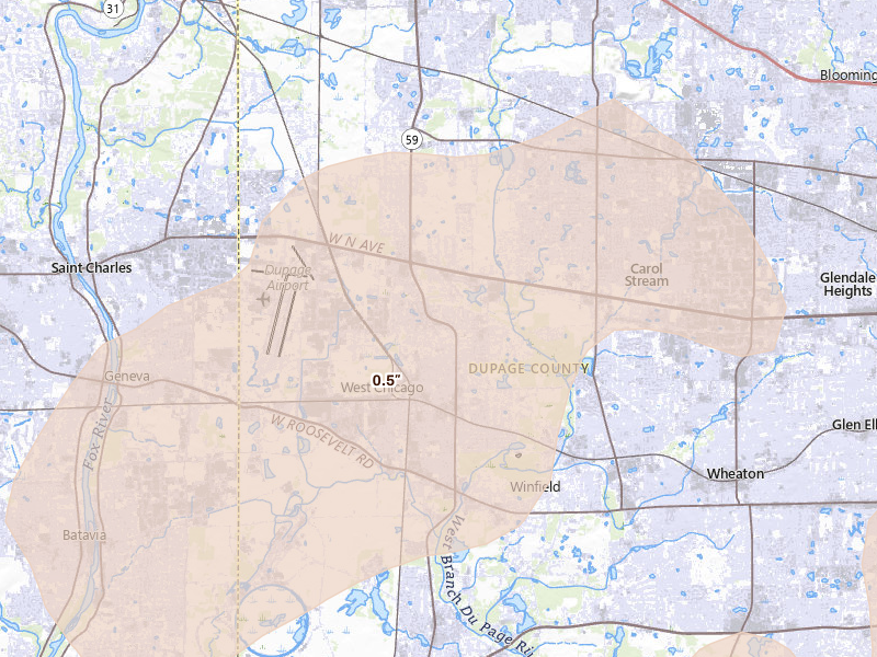 Radar-estimated hail-size map of the storm over West Chicago, IL on Jun 10, 2026