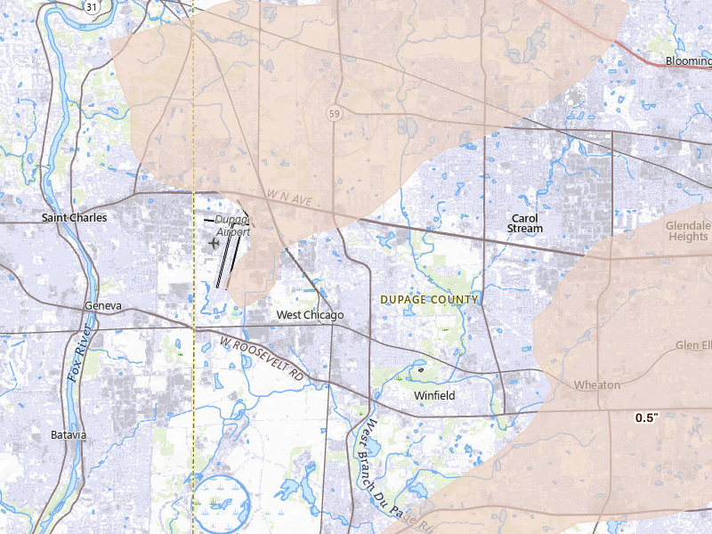 Radar-estimated hail-size map of the storm over West Chicago, IL on Jul 2, 2026