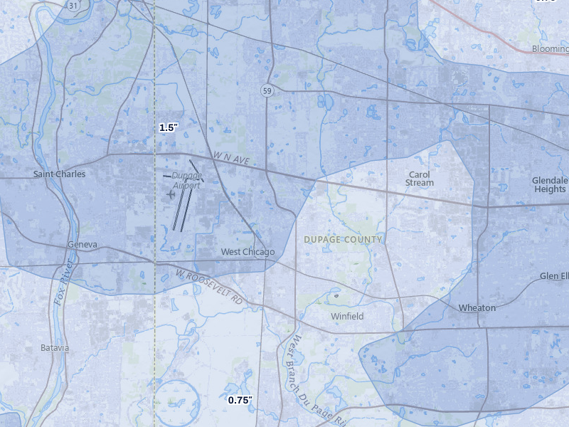 NEXRAD radar-signature map of the hail over West Chicago, IL