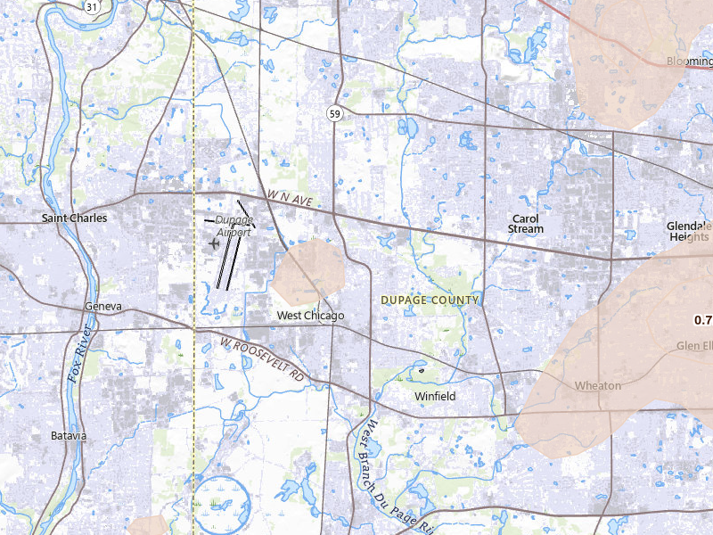 Radar-estimated hail-size map of the storm over West Chicago, IL on Jul 3, 2026