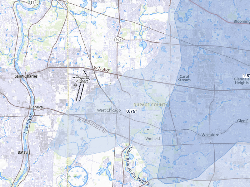 NEXRAD radar-signature map of the hail storm over West Chicago, IL on Jul 3, 2026