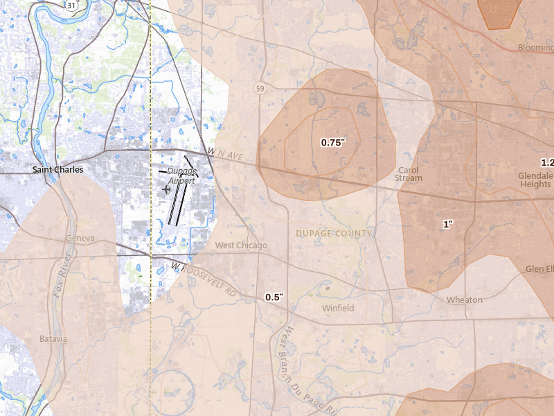 Radar-estimated hail-size map of the storm over West Chicago, IL on Jul 27, 2026