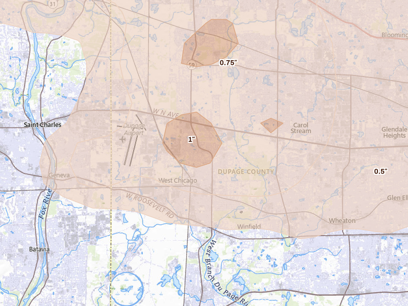 Radar-estimated hail-size map of the storm over West Chicago, IL on Aug 9, 2026