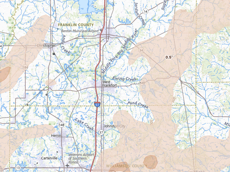 Radar-estimated hail-size map of the storm over West Frankfort, IL on Apr 27, 2026