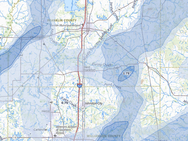 NEXRAD radar-signature map of the hail over West Frankfort, IL
