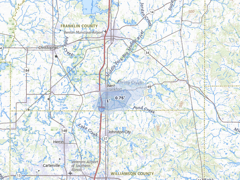 NEXRAD radar-signature map of the hail storm over West Frankfort, IL on Jul 7, 2026