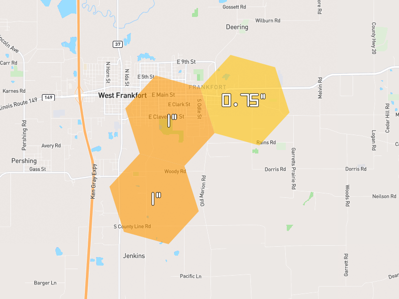 Hail map of West Frankfort, IL on Jul 7, 2026, hail up to 1"