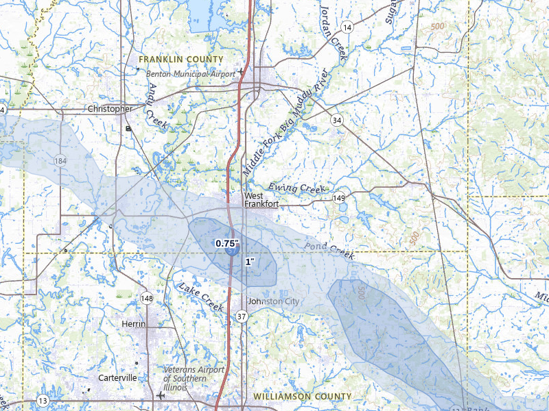 NEXRAD radar-signature map of the hail storm over West Frankfort, IL on Jul 10, 2026