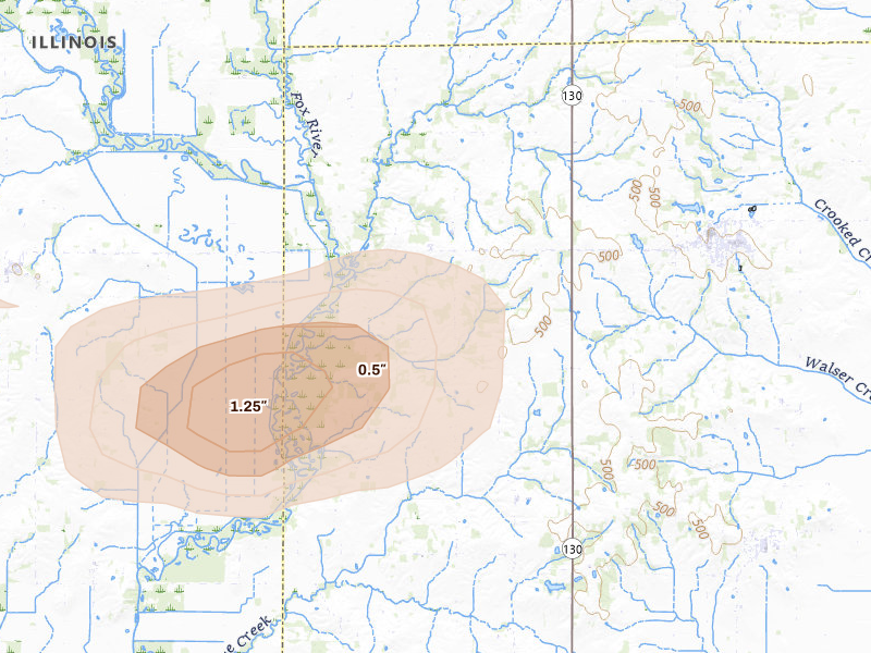 Radar-estimated hail-size map of the storm over West Salem, IL on Jul 9, 2026
