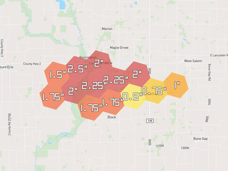 Hail map of West Salem, IL on Jul 9, 2026, hail up to 2.5"