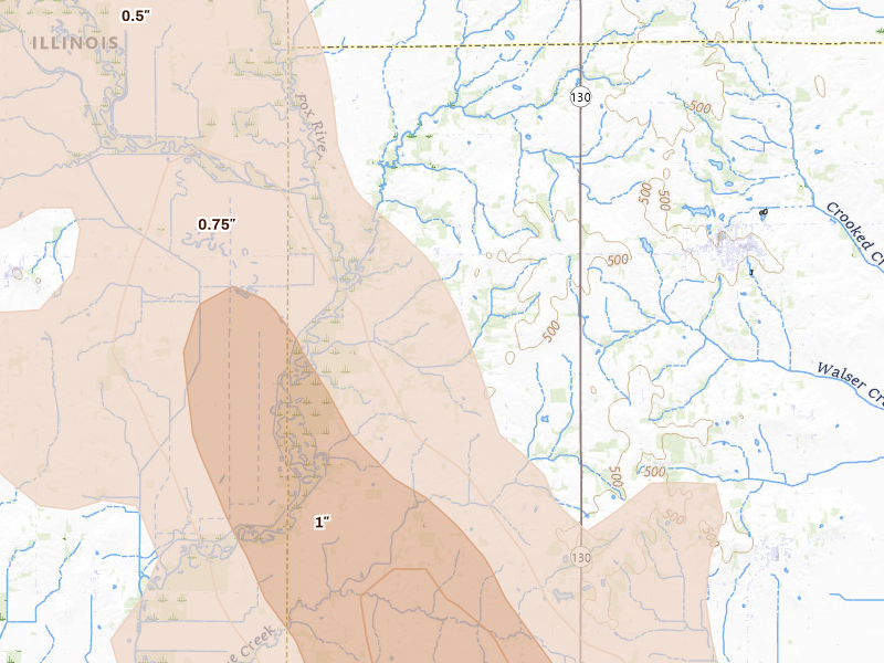 Radar-estimated hail-size map of the storm over West Salem, IL on Jul 26, 2026