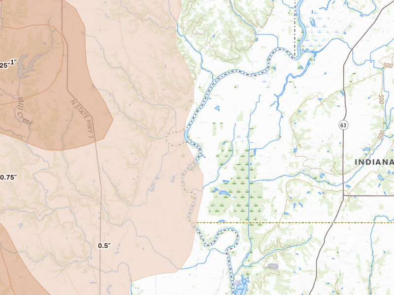 Radar-estimated hail-size map of the storm over West Union, IL on Jul 27, 2026