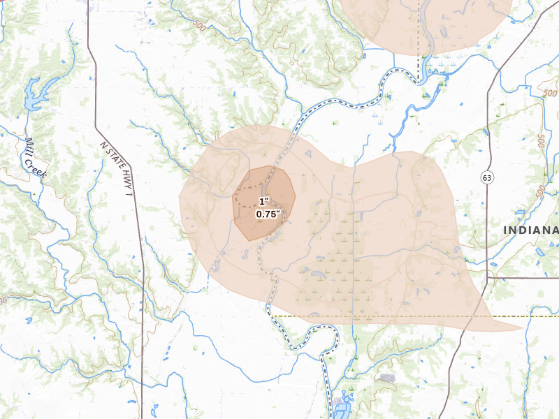 Radar-estimated hail-size map of the storm over West Union, IL on Aug 11, 2026