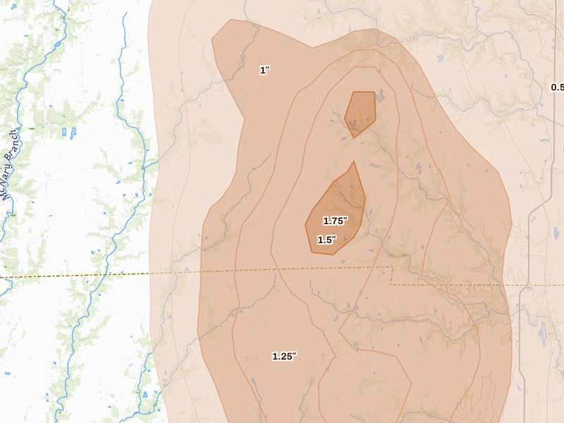 Radar-estimated hail-size map of the storm over West York, IL on Jul 27, 2026