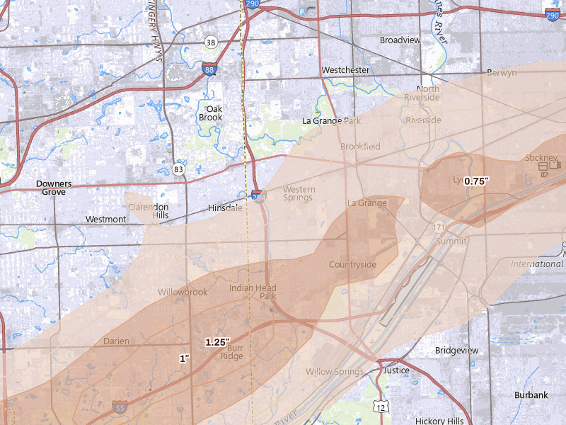 Radar-estimated hail-size map of the storm over Western Springs, IL on Mar 10, 2026