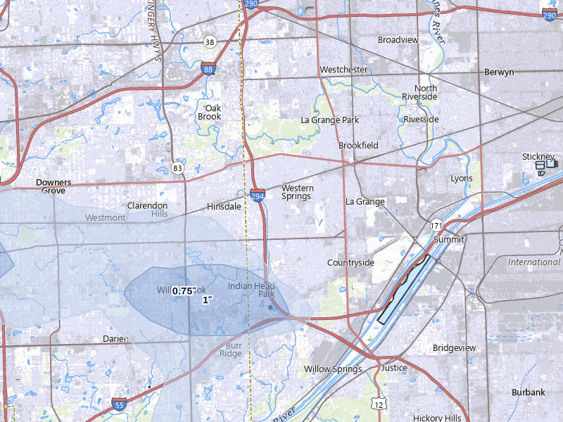 NEXRAD radar-signature map of the hail over Western Springs, IL