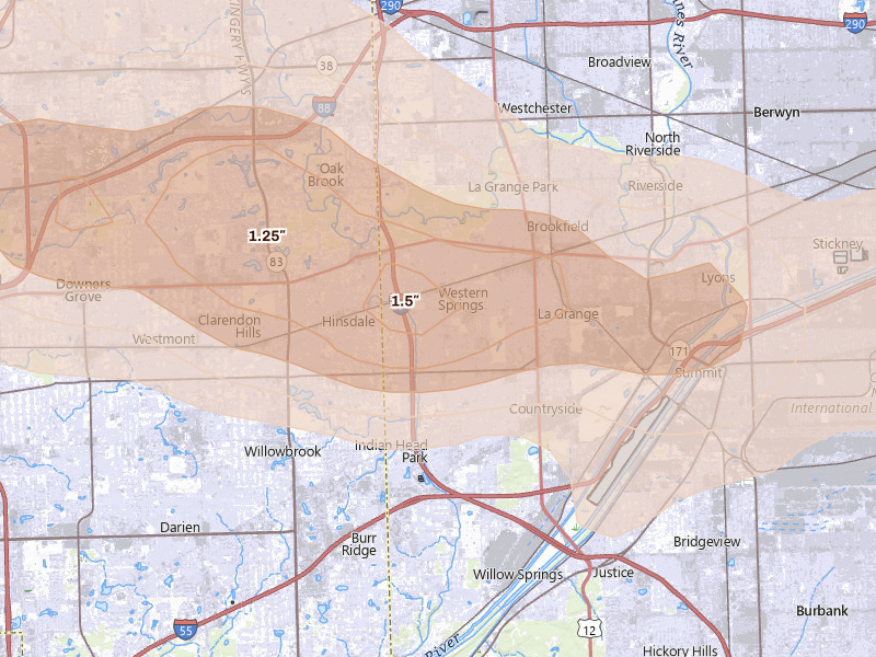 Radar-estimated hail-size map of the storm over Western Springs, IL on Mar 30, 2026
