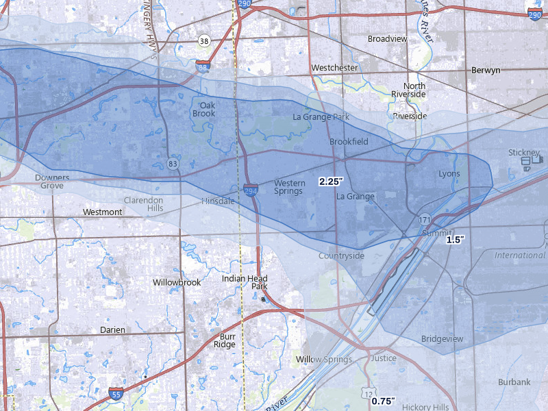NEXRAD radar-signature map of the hail storm over Western Springs, IL on Mar 30, 2026