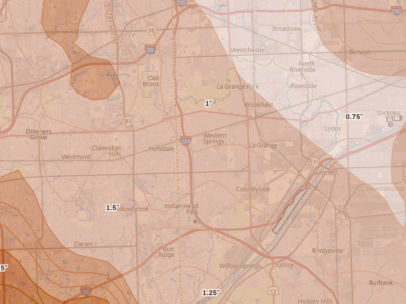 Radar-estimated hail-size map of the storm over Western Springs, IL on Jul 27, 2026