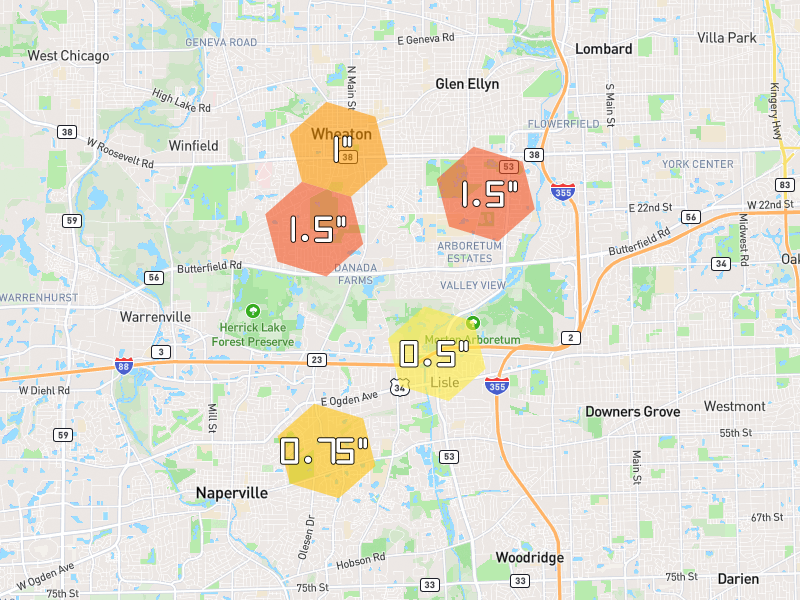 Hail map of Wheaton, IL on Jul 3, 2026, hail up to 1.5"