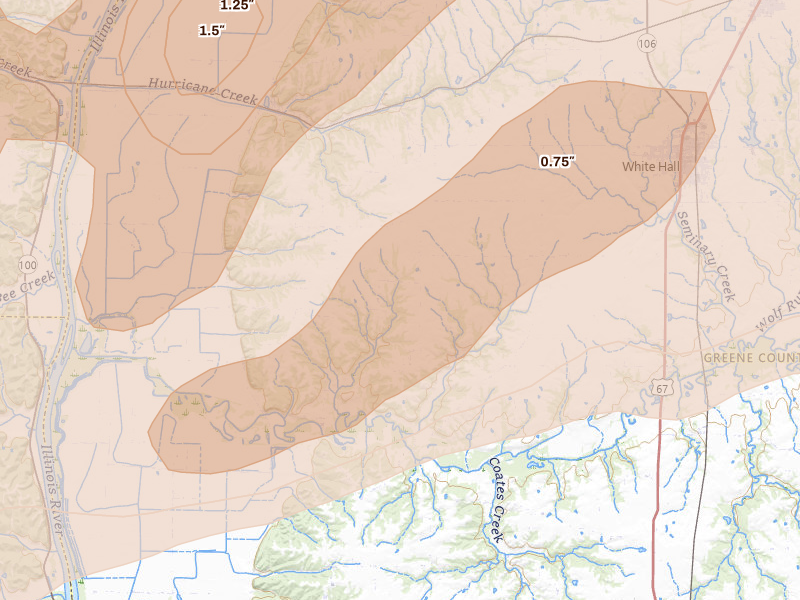 Radar-estimated hail-size map of the storm over White Hall, IL on Apr 27, 2026