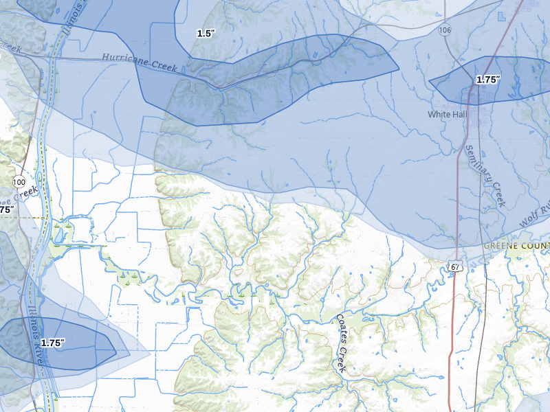 NEXRAD radar-signature map of the hail storm over White Hall, IL on Apr 27, 2026