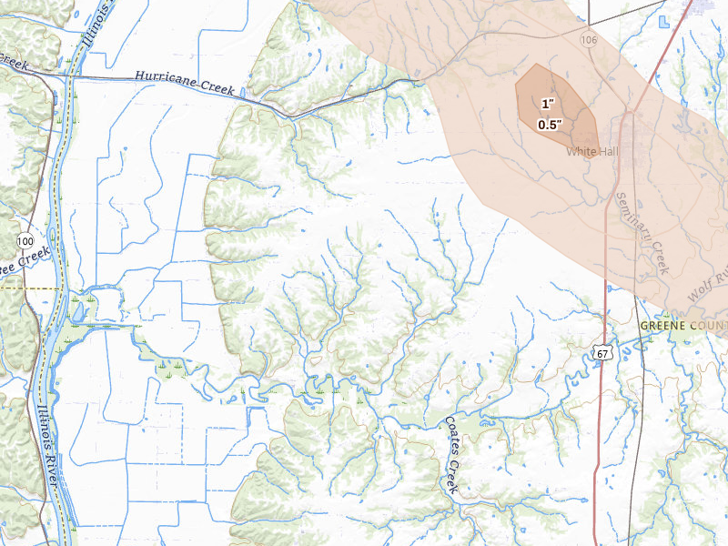 Radar-estimated hail-size map of the storm over White Hall, IL on Jun 24, 2026