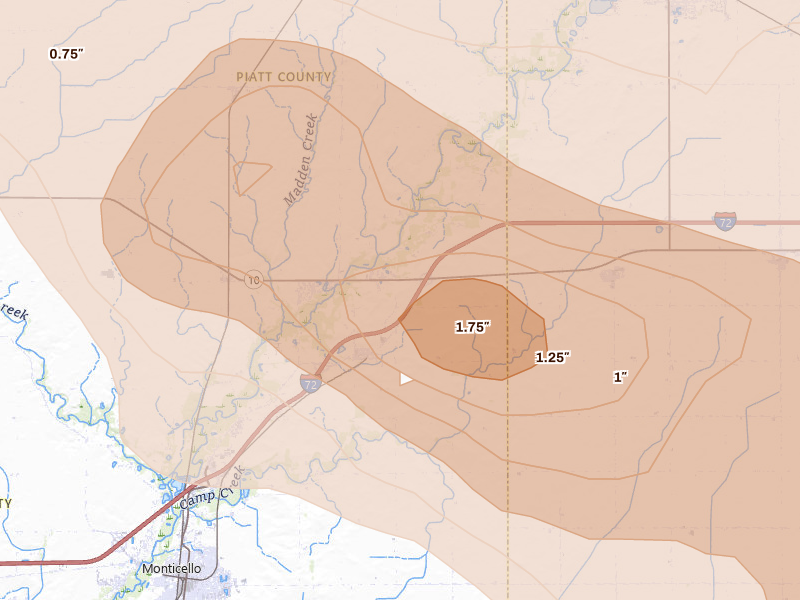 Radar-estimated hail-size map of the storm over White Heath, IL on Aug 11, 2026